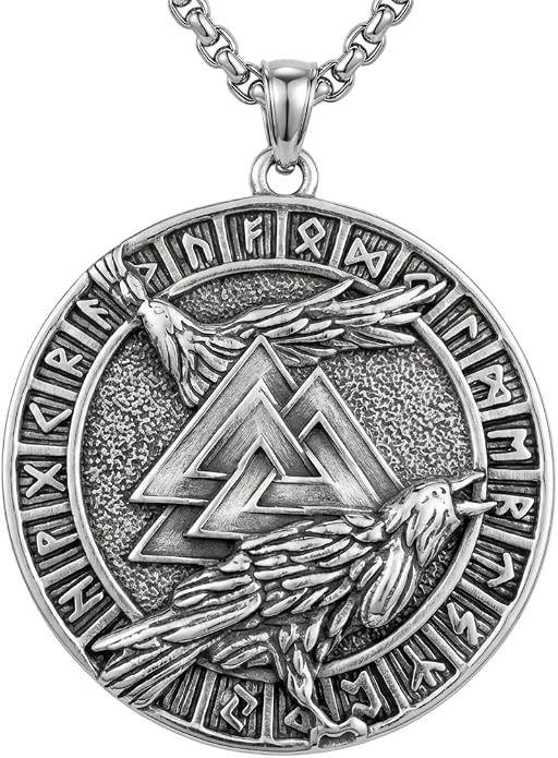 CRMAD Viking Owl/Raven Necklace Vintage Animal Totem Pendant Rune of Lune Jewelry Gift for Men and Women 24 in Chain