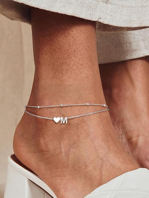 PROSILVER Ankle Bracelets for Women S925 Sterling Silver Anklets for Women Waterproof, Dainty Layered Heart Anklet, Beach Initial Anklet for Summer, Letter A-Z