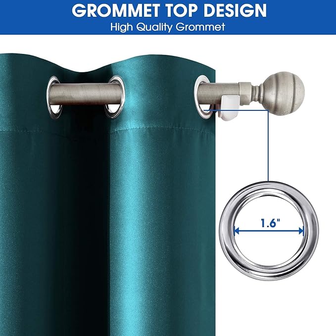 HOMEIDEAS 2 Panels Teal Faux Silk Blackout Luxury Curtains, 52 X 96 Inch Room Darkening Satin Thermal Insulated Window Drapes for Bedroom Decor, Indoor