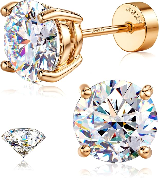 GEMQUEEN Moissanite Earrings Studs : 18K Gold Plated Solid 925 Sterling Silver Stud Earring for Women Men Hypoallergenic Dainty Moissanite Jewelry for Sensitive Ears Round Cut D Color VVS1 2-7.5mm