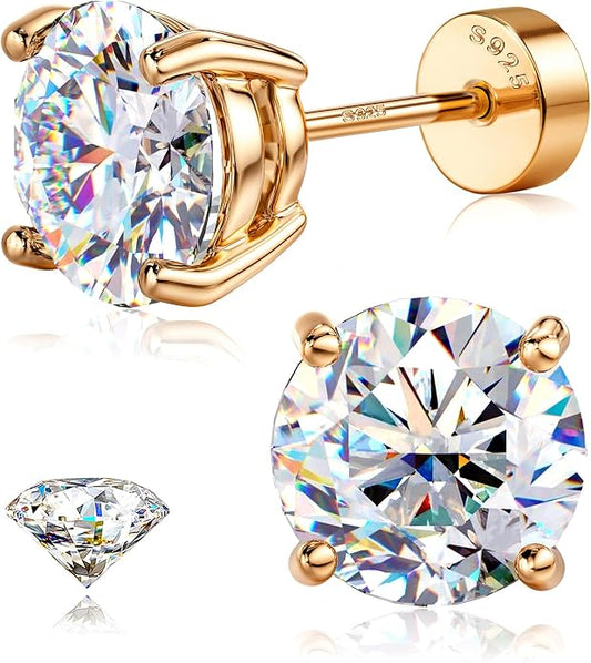 GEMQUEEN Moissanite Earrings Studs : 18K Gold Plated Solid 925 Sterling Silver Stud Earring for Women Men Hypoallergenic Dainty Moissanite Jewelry for Sensitive Ears Round Cut D Color VVS1 2-7.5mm