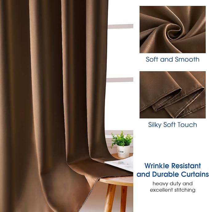 HOMEIDEAS 2 Panels Chocolate Faux Silk Blackout Luxury Curtains, 52 X 84 Inch Room Darkening Satin Thermal Insulated Window Drapes for Bedroom Decor, Indoor