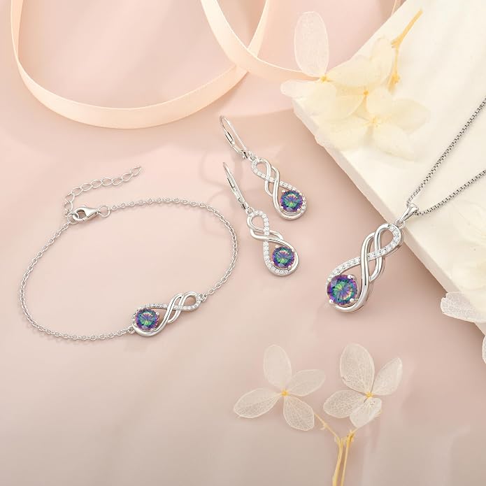 Gemstone Infinity Pendant Necklaces for Women, S925 Sterling Silver Round cut Zircon Necklace Birthstone Jewelry Gift for Her
