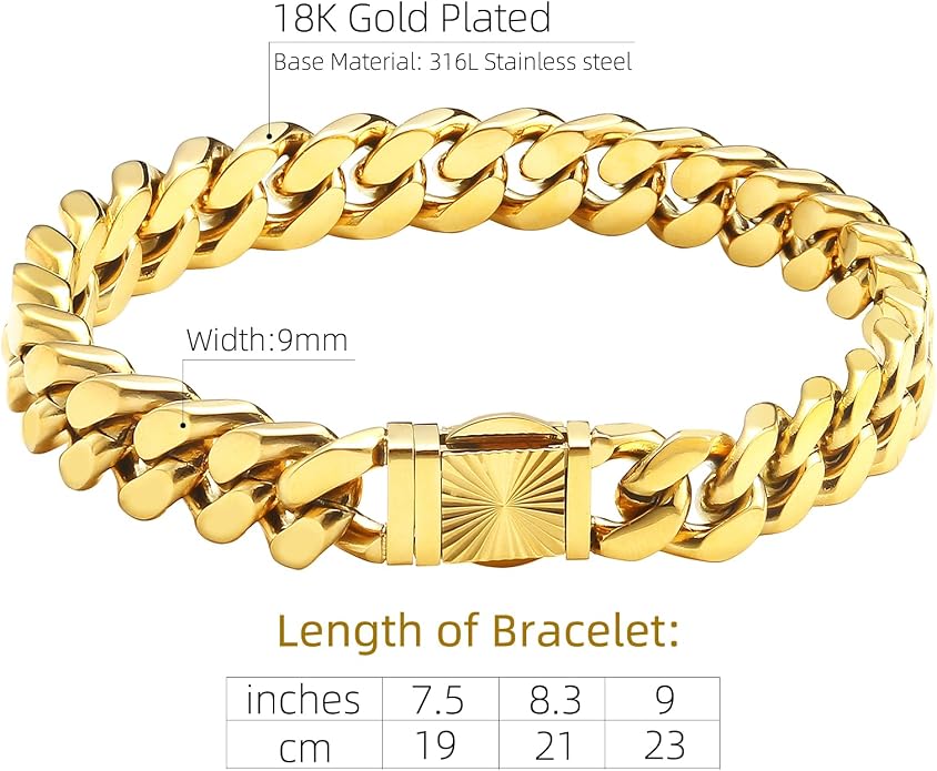 CaptainSteeL Cuban Link Chain Bracelet for Men- 316L Stainless Steel 9/10MM Width Fashion Pattern Snap Button Hip Hop Jewelry,Two Style Cuban Bracelets 18K Gold Plated/Stainless Steel with Gift Box