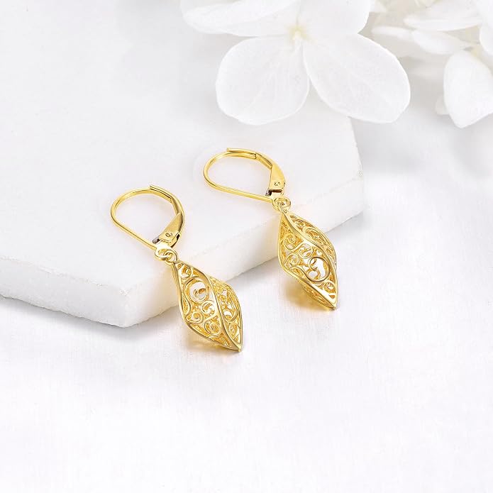 925 Sterling Silver Leverback Earrings Vintage Filigree Dangle Drop Earrings Jewelry Birthday Gifts for Women