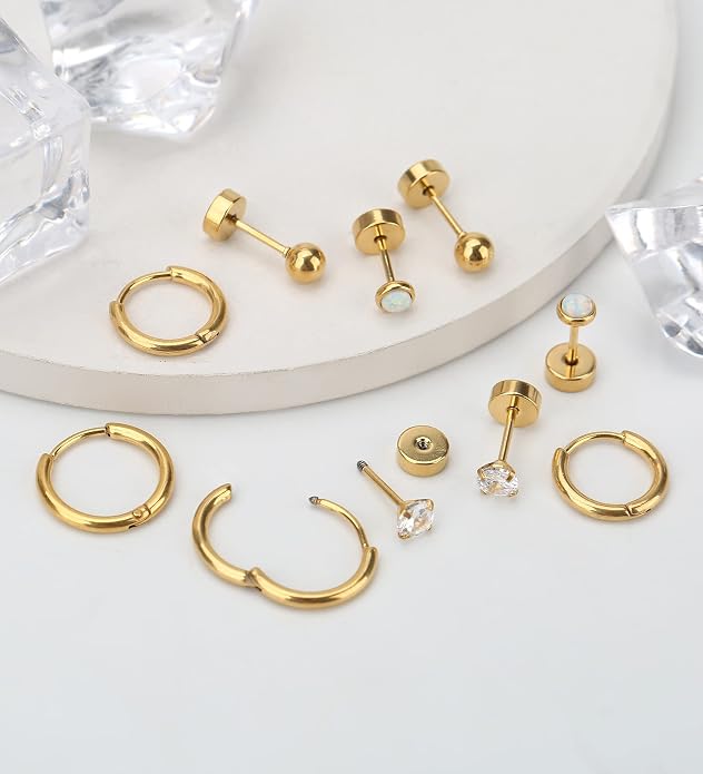MJust Titanium Earrings for Sensitive Ears 20G Hypoallergenic Stud Hoop Earrings for Women Men Opal Ball CZ Heart Pearl Flat Back Earrings Cartilage Earrings Set