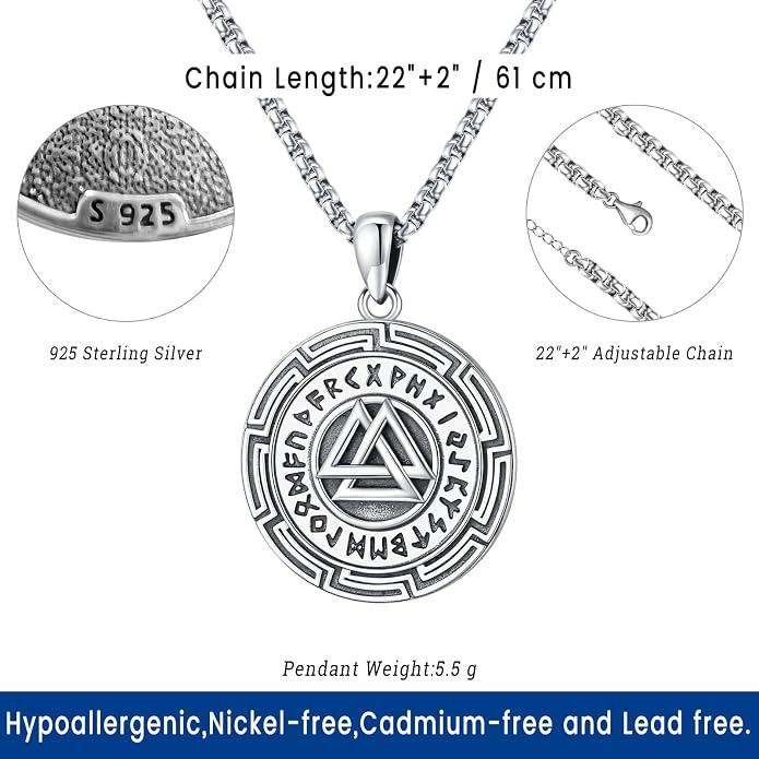 Eusense Viking Necklace for Men Women 925 Sterling Silver Pendant Thors Hammer/Norse Runes/Odin's Ravens/Wolf/Dragon/Snake/Yggdrasil/Freya/Helm of Awe/Valknut/Triskelion/Axe/Shield Viking Jewelry