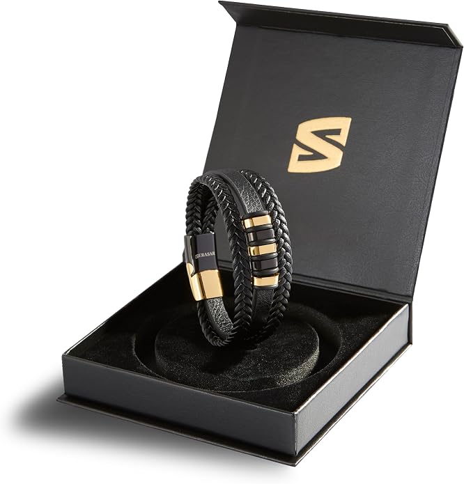 SERASAR | Premium Genuine Leather Bracelet [Glory] for Men in Black | Magnetic Stainless Steel Clasp in Silver and Gold | Exclusive Jewelry Box | Great Gift Idea
