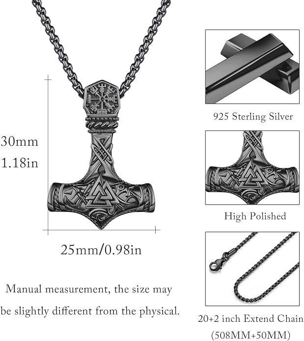 925 Sterling Silver Viking Norse Mjolnir Thor Hammer Pendant Amulet Necklaces with Gifts Box
