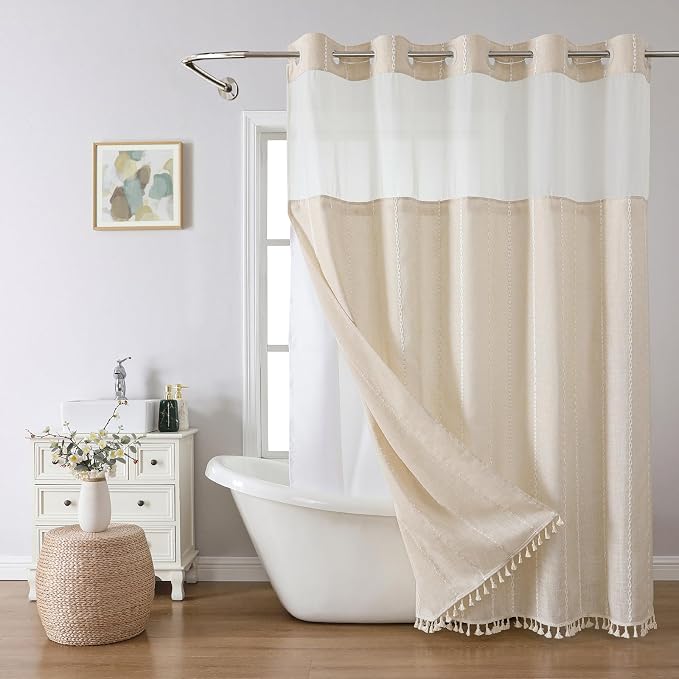 eachope Boho Farmhouse No Hook Shower Curtain Set with Snap-in Fabric Liner,Heavy-Duty Linen Textured Rustic Striped Design,Water-Repellent with Tassels and Sheer Window,Cream/Beige,71x74