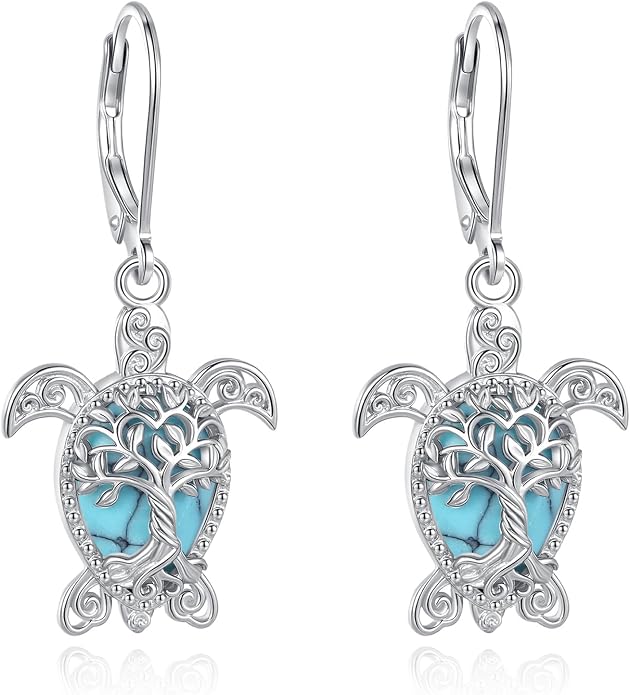 Vito 925 Sterling Silver Teardrop Earrings for Women, Moonstone Turquoise Drop Dangle Earrings Cat Snake Turtle Tree of Life Leverback Earrings Boho Jewelry Gift for Mom Wife