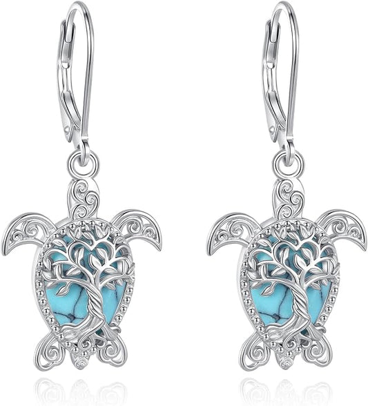 Vito 925 Sterling Silver Teardrop Earrings for Women, Moonstone Turquoise Drop Dangle Earrings Cat Snake Turtle Tree of Life Leverback Earrings Boho Jewelry Gift for Mom Wife