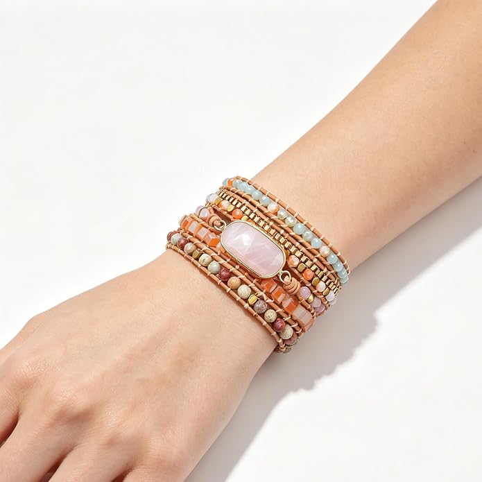 Plumiss Women Boho Handmade Natural Stone Crystal Leather Bead Wrap Bracelets Collection