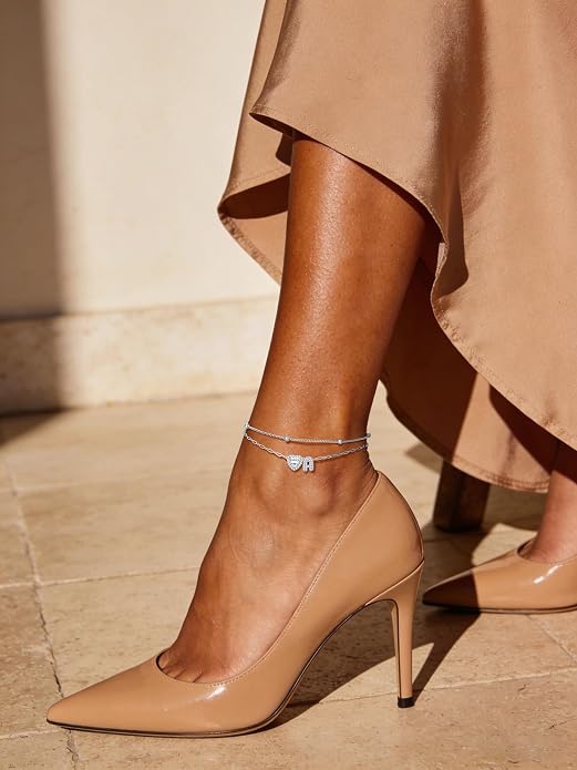 Bestyle Initial Anklet Bracelets for Women Waterproof Non Tarnish 14K Gold/White Gold Plated CZ Anklets for Women Dainty Layered Letter Heart Ankle Bracelets Adjustable Foot Chain Anklet