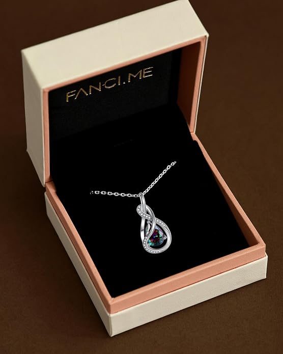 FANCIME TimelessTie Birthstone Necklace for Women White Gold Plated Sterling Silver Ribbon Design Jewelry Knot Pendant Fine Jewelry Gemstone Anniversary Birthday Graduation Mothers Day Gifts for Women Wife Mother Her
