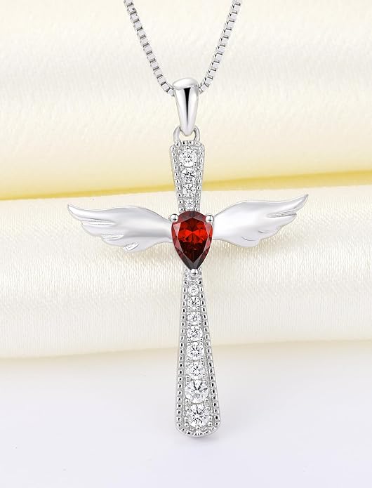 YL Cross Necklace 925 Sterling Silver Angel Wings Pendant Teardrop Birthstone Criss Jewelry for Women
