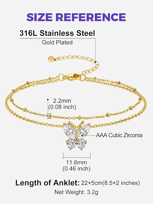 Richsteel Double Layer Heart/Butterfly Birthstone Anklet for Women Non Tarnish Waterproof, Silver/Gold/Black Stainless Steel 8.5-10.5 Inch Adjustable Chain Anklets Jewelry Gifts for Her