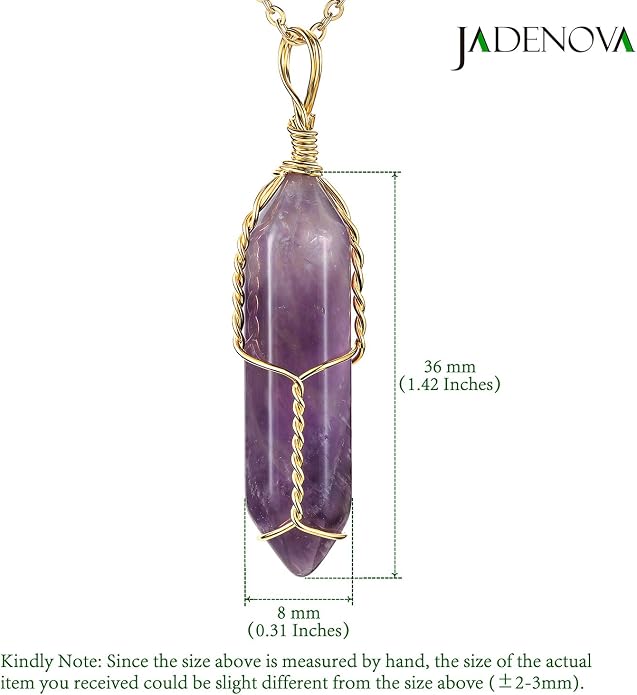 JADENOVA Full Wire Wrapped Energy Healing Crystal Gemstone Pendant Necklace 18" Stainless Steel Chain