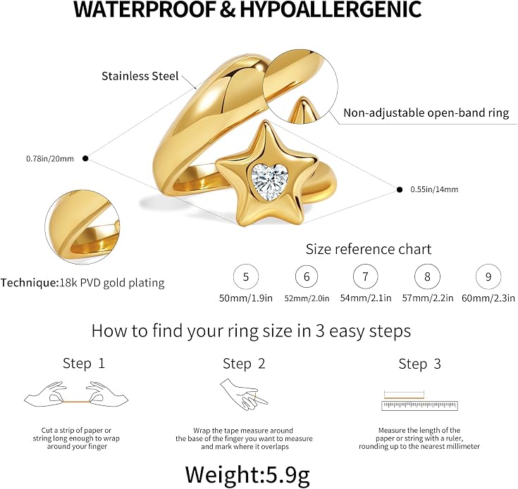 Chunky Gold Rings for Women Stainless Steel Non Tarnish Star&Heart Cubic Zirconia Teardrop Ring 18K Gold Plated Statement Dome Rings Stackable Jewelry for Women