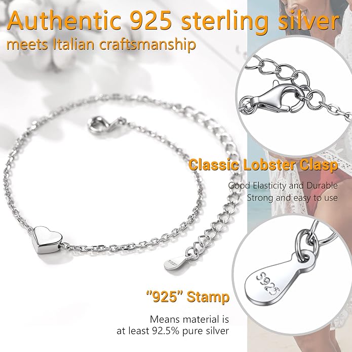 PROSILVER 925 Sterling Silver Ankle Bracelets For Women, Stylish Chain Anklets, Summer Beach Jewelry, 8.6-10.6 Inch Adjustable, Come with Box