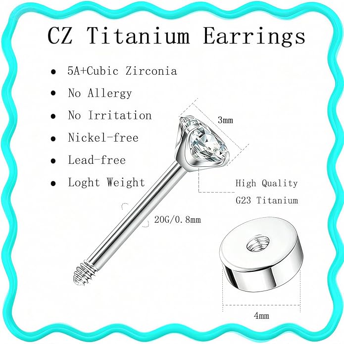 20G Hypoallergenic G23 Titanium Cubic Zirconia Silver Flat Back Earrings for Women and Men,Nickel-Free and Lead-Free Medical Waterproof Studs,Cartilage Stud Earrings for Sensitive Ears,Fashion Piercing Jewelry for Sensitive Skin