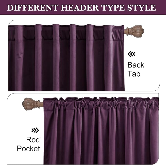 RYB HOME Eggplant Purple Velvet Curtains for Bedroom Living Room, Thermal Insulated Privacy UV Heat Blocking Luxurious Soft Rod Pocket Back Tab Drapes for Nursery, 42" W x 63" L, 2 Panels