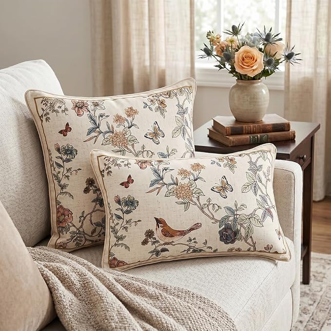 ISAENNE Designer Vintage Linen Throw Pillow Cover,20"x12"-Cornucopia A | Elegant French Rectangle Pillow Cover,Concealed Zipper,Floral and Bird Pattern,Sofas,Bedroom,Living Room,Lounge Chairs