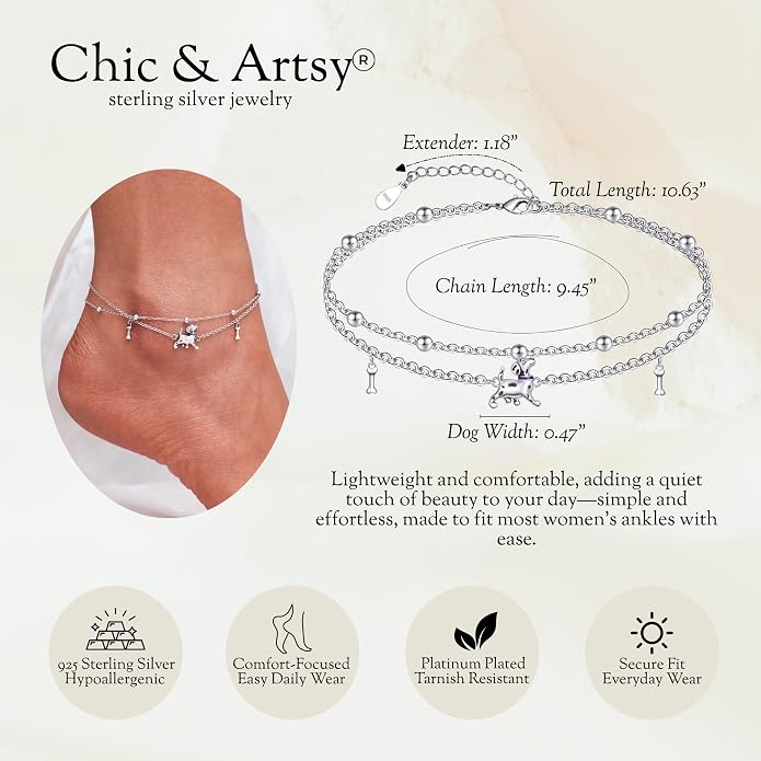 CHIC & ARTSY 925 Sterling Silver Ankle Bracelets for Women, Adjustable Layered Foot Chains with Nature & Symbol Charms, Lightweight Comfort Fit Boho Beach Everyday Jewelry