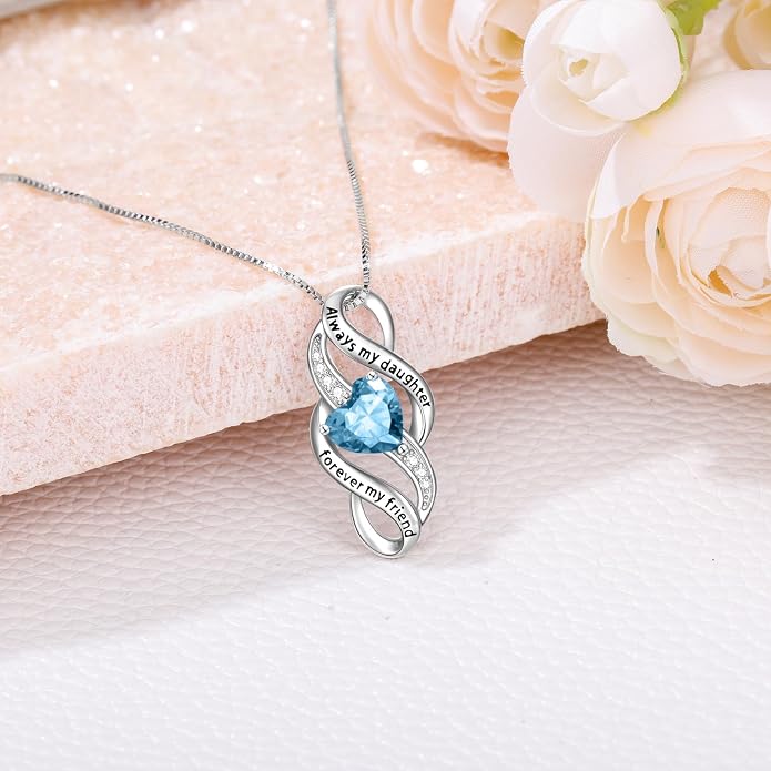 Daughter Necklace 925 Sterling Silver Always My Daughter Forever My Friend Infinity Necklace to Daughter Birthday Gift from Mom with 12 Birthstones