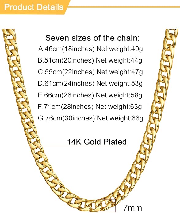 U7 Cuban Link Chain for Men Women Stainless Steel Curb Necklace, 7/9/12/15 MM Chunky Chain Silver/Gold/Black Mens Hip Hop Jewelry 18''-30''