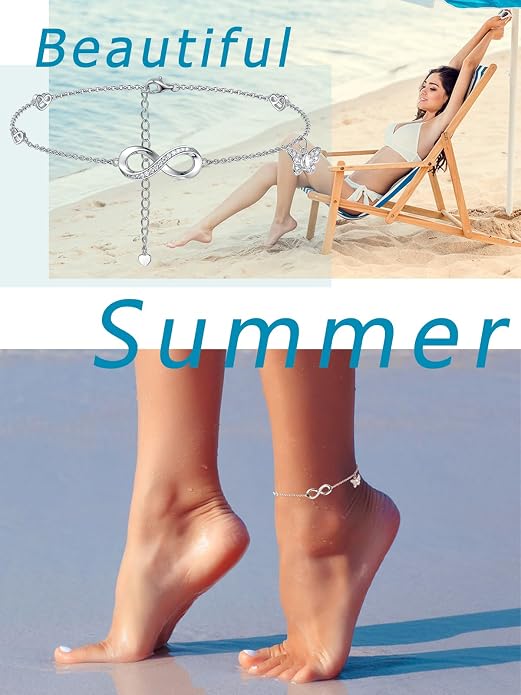 Moissanite Infinity Anklet for Women, Real Authentic 925 Sterling Silver Hypoallergenic, Beautiful Summer Jewelry, Dainty Ankle Bracelet, 8.6-10.6inch (21-26cm) Adjustable