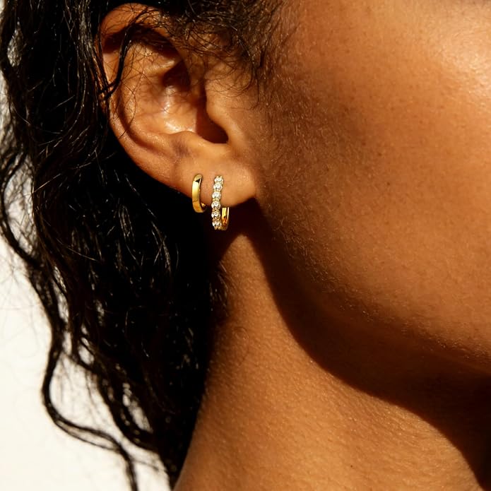 14K Gold Filled Earrings for Women Double Hoop Earring 925 Sterling Silver Post Hypoallergenic Moissanite Layered Stud Earrings, Minimalist Edgy Fine Jewelry for Everyday Wear