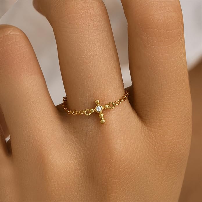925 Sterling Silver Link Chain Fidget Rings with Dangle Bead Star for Women 14k Gold Plated Adjustable Sparkling Twist Rope Ring Stackable Line Finger Ring Jewelry Christmas Gifts for Mom