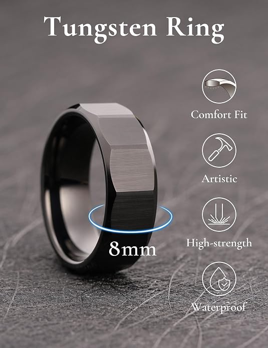 King Will Classic Tungsten Carbide Ring Brushed Two Grooved Center Hammered Design Mens Wedding Band for Men
