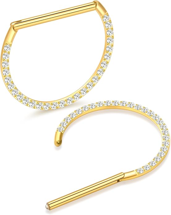 Oveta Titanium D Shaped Nipple Rings 14G for Nipple Piercing Jewelry Higned Segment Clicker Ring Hoops 11mm 12mm 14mm for Women Men, Silver Gold Black, 2PCS