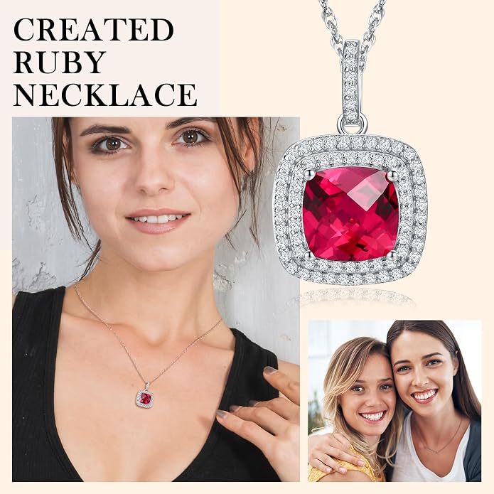 Birthstone Necklace for Women 925 Sterling Silver Cushion/Pear Cut Created Gemstone Halo Pendant Necklace Birthstone Jewelry