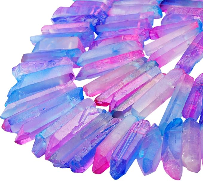 SUNYIK Hot Pink/Blue Titanium Coated Crystal Points Quartz Rough Sticks Spikes Point Beads 15 inch Strand Drilled