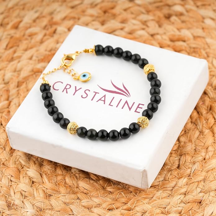 AAA Grade Natural Gemstone Beaded Bracelet, 14K Gold Plated with Evil Charm, Wicca & Reiki Healing Crystals, Handmade Bohemian Jewelry, Christmas Gift for Women (7+1inch)