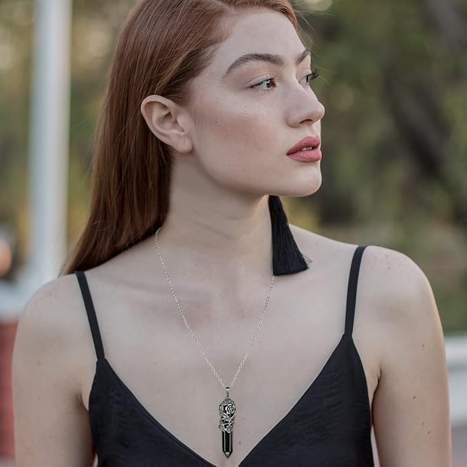 Top Plaza Antique Silver Flower Wrapped Natural Black Agate Healing Crystal Necklace