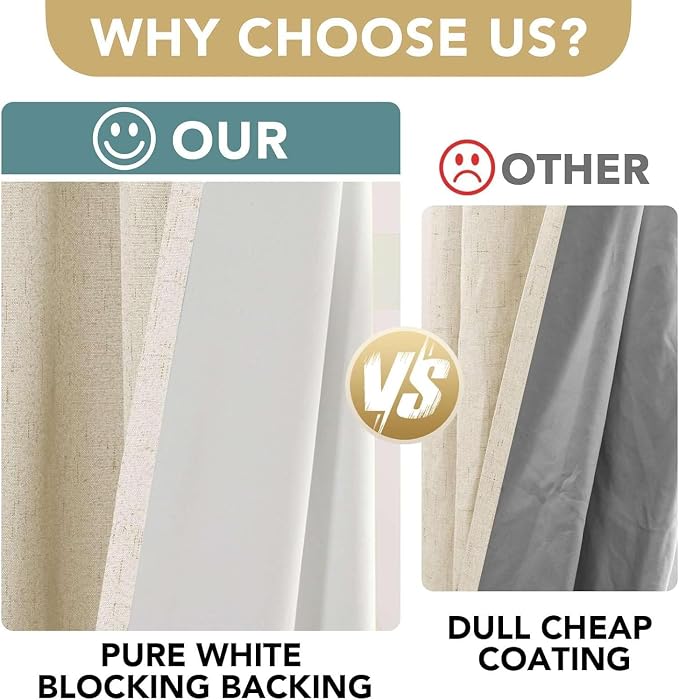 H.VERSAILTEX Linen Curtains 100% Blackout Curtains for Bedroom 102 inch Long Full Light Blocking Nature Linen Blended Window Curtains for Living Room Nickel Grommet (2 Panels, Bleached Sand)