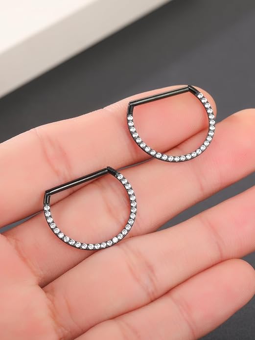 Oveta Titanium D Shaped Nipple Rings 14G for Nipple Piercing Jewelry Higned Segment Clicker Ring Hoops 11mm 12mm 14mm for Women Men, Silver Gold Black, 2PCS