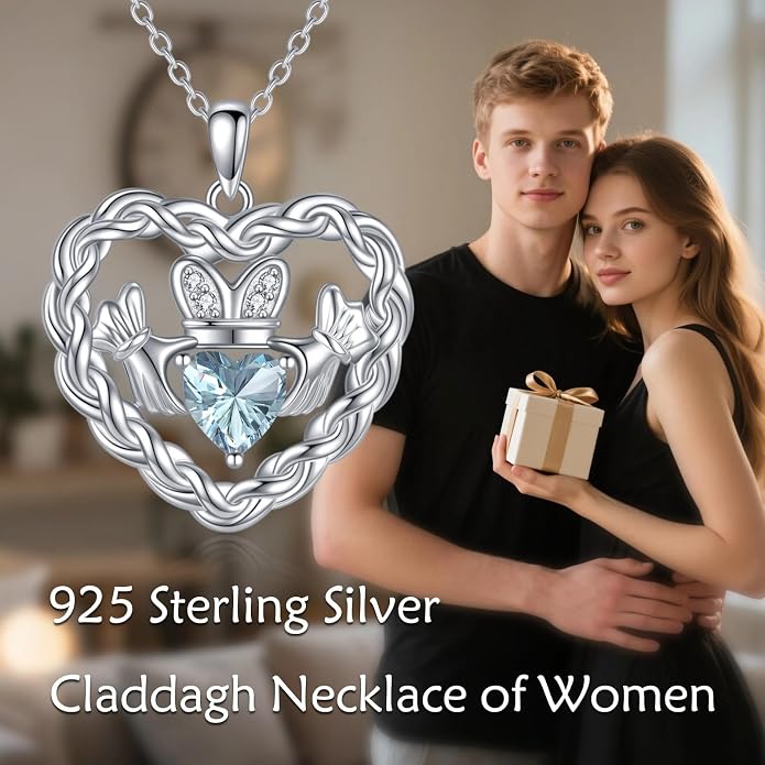 Birthstone Claddagh Heart Necklace 925 Sterling Silver Heart Celtic Knot Claddagh Necklace Pendant Irish Jewelry Gifts for Women Mom Wife Sister Christmas Birthday,18+2 inch