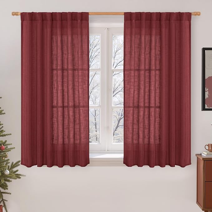 LAMIT Semi Sheer Linen Curtains 45 Inches Long, Light Filtering Panels Back Tab and Rod Pocket Christmas Decor Drapes for Farmhouse/Window/Bedroom, Burgundy Red, 2 Panels, 52 x 45 Inch