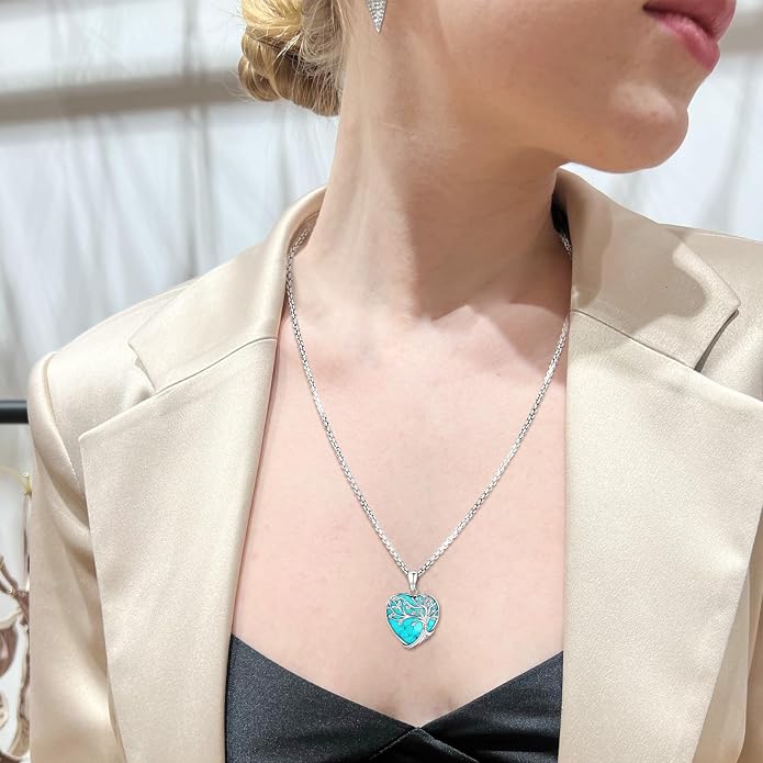 Tree of Life Necklace for Women Sterling Silver Celtic Moon Tree Moonstone Turquoise Pendant Heart Family Tree Necklace for Mother Daughter Sister Gifts