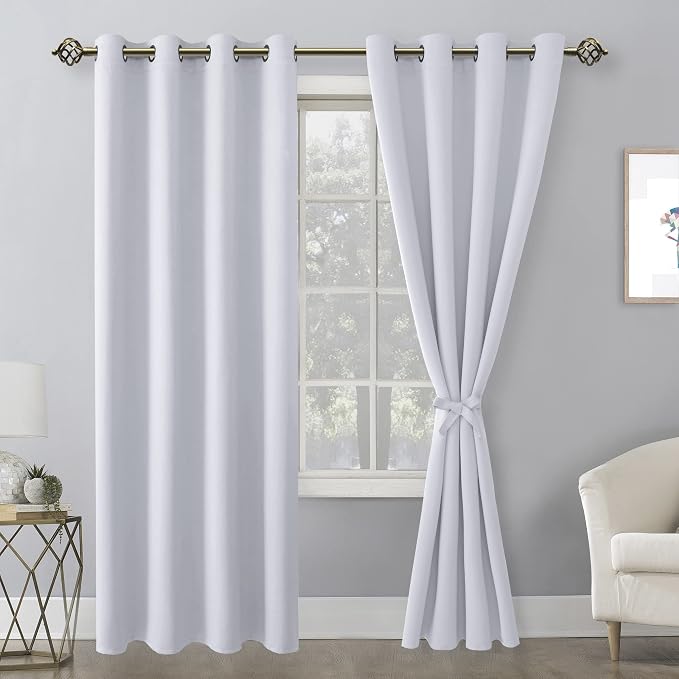 Hiasan Blackout Curtains for Bedroom, 52 x 84 Inches Long - Thermal Insulated & Energy Saving Window Curtains for Living Room, 2 Drape Panels Sewn with Tiebacks, Greyish White