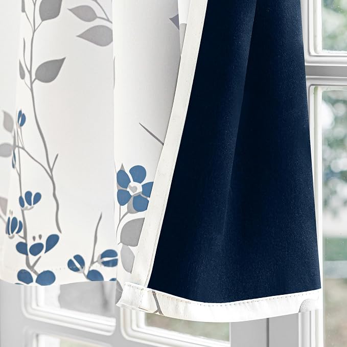 Beauoop Floral Valance Curtains for Kitchen Blue Grey 52X18 Inch 1 Panel | Flower Patterned Blue White Blackout Short Curtains for Living Room Bedroom Cafe Thermal Small Window Curtains Rod Pocket