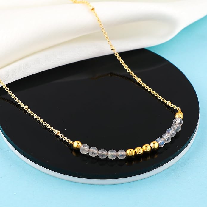 Satellite Chain Necklace 16+2 Inch Gold Plated – Dainty Layering Jewelry with Gemstone Beads – Minimalist Choker Necklace for Women – Delicate Gift for Her