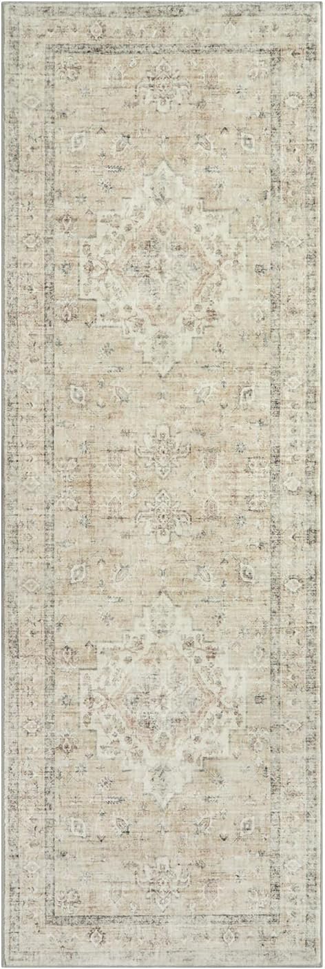 LIVEBOX Washable 2x6 Runner Rug for Bathroom, Non Slip Kitchen Mats for Floor Entryway, Boho Indoor Front Door Mat Low-Pile Runners for Hallways, Farmhouse Rugs for Bath Laundry, Tan