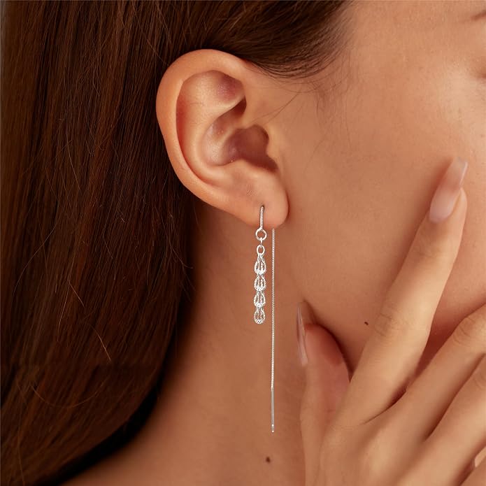 925 Sterling Silver Tassel Chain Dangle Earrings for Women Sparkling Long Fringe Dangle Drop Earrings Bling Line Minimalist Wedding Studs Earring Jewelry Birthday Christmas Gifts for Her
