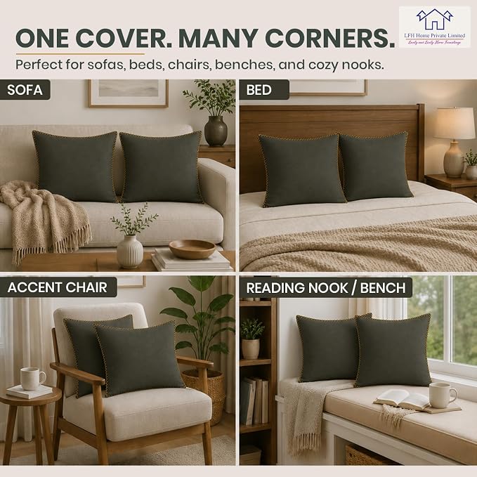 LFH Home Military Green Cotton Rich Throw Pillow Covers 18x18 Set of 2, Decorative Cushion Covers with Blanket Stitch Edge, Farmhouse Accent Pillow Cases for Sofa Couch Bed Living Room, 18 x 18 Inch